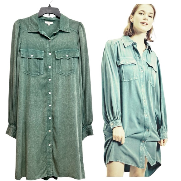 Easel Green Buttoned Long Sleeve Shirt Dress - Picture 1 of 10